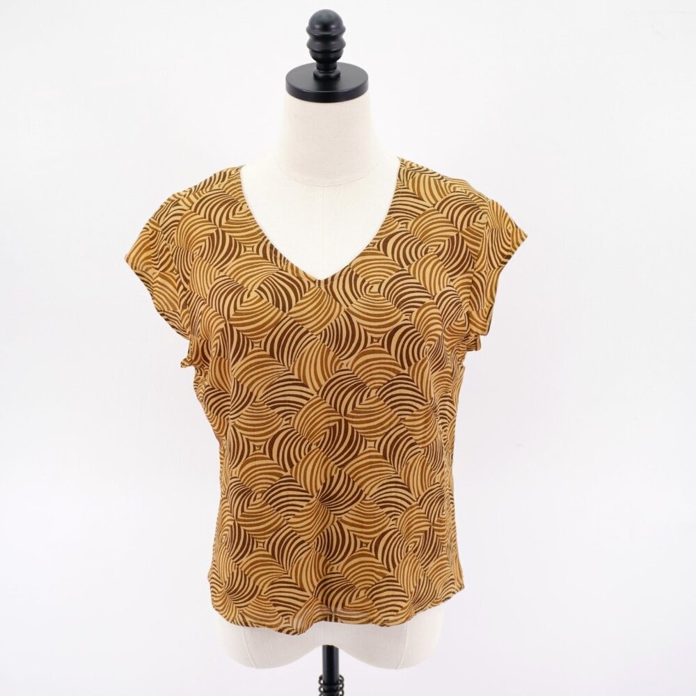Liz Claiborne Medium Brown V-Neck Short Sleeve Blouse Lined Top Rayon